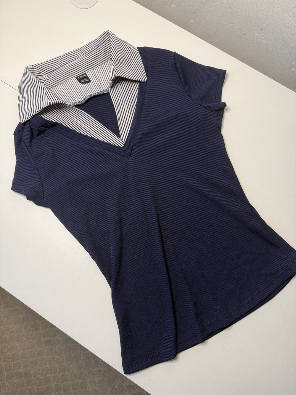 SHEIN Navy Short Sleeve Faux Layered V‑Neck Top with Striped Collar